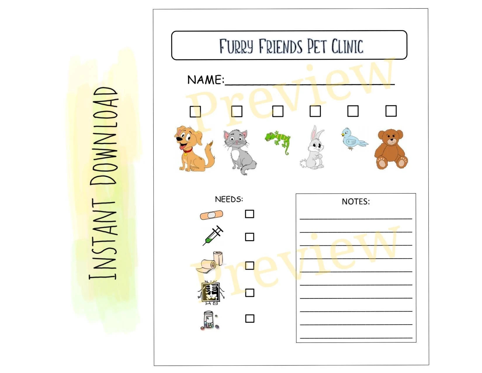 Kids Printable Vet Form Preschoolers Pretend Play Etsy