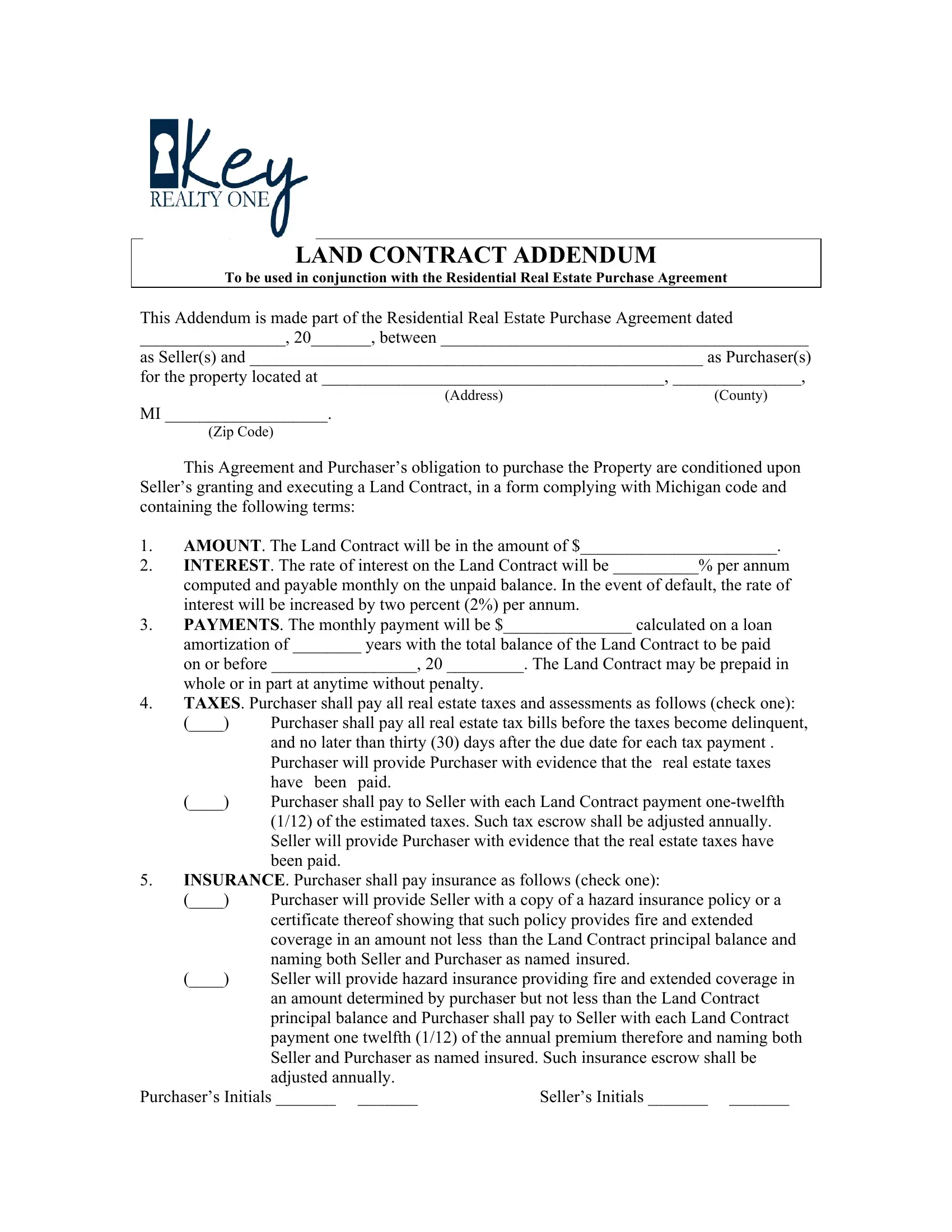 Land Contract Addendum Form Fill Out Printable PDF Forms Online