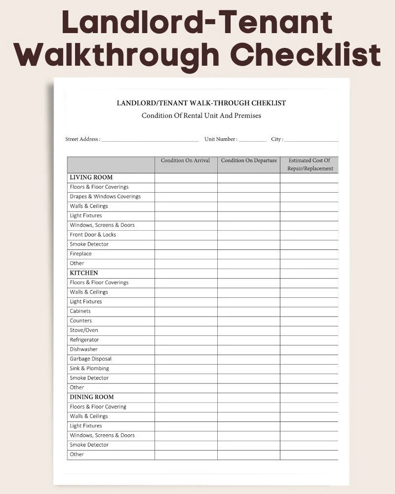 Landlord Tenant Walkthrough Checklist Printable PDF File Editable MS Word File Instant Download Etsy