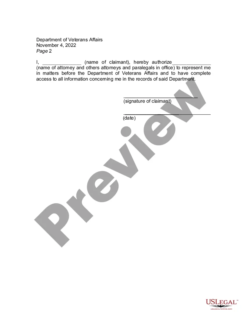 Letter By Attorney Of Authority To Represent For Veterans Benefits US Legal Forms