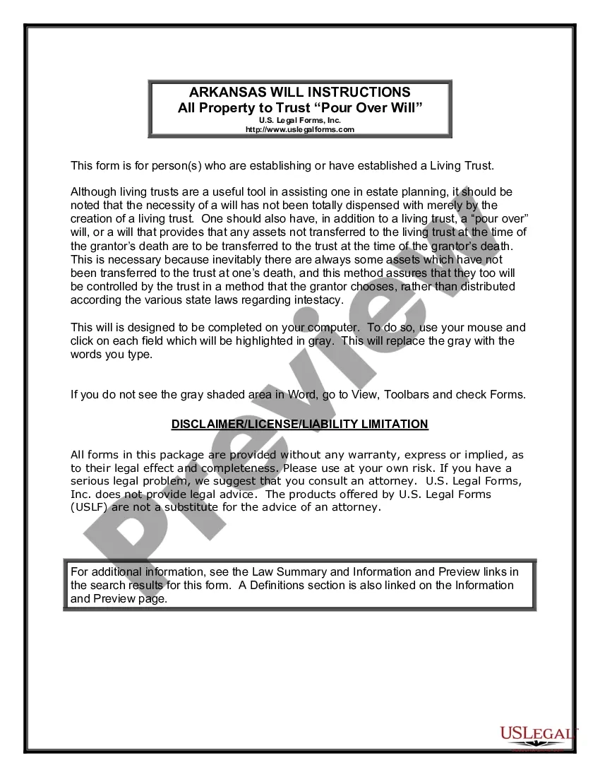 Little Rock Arkansas Last Will And Testament With All Property To Trust Called A Pour Over Will Printable Will Forms Pdf US Legal Forms