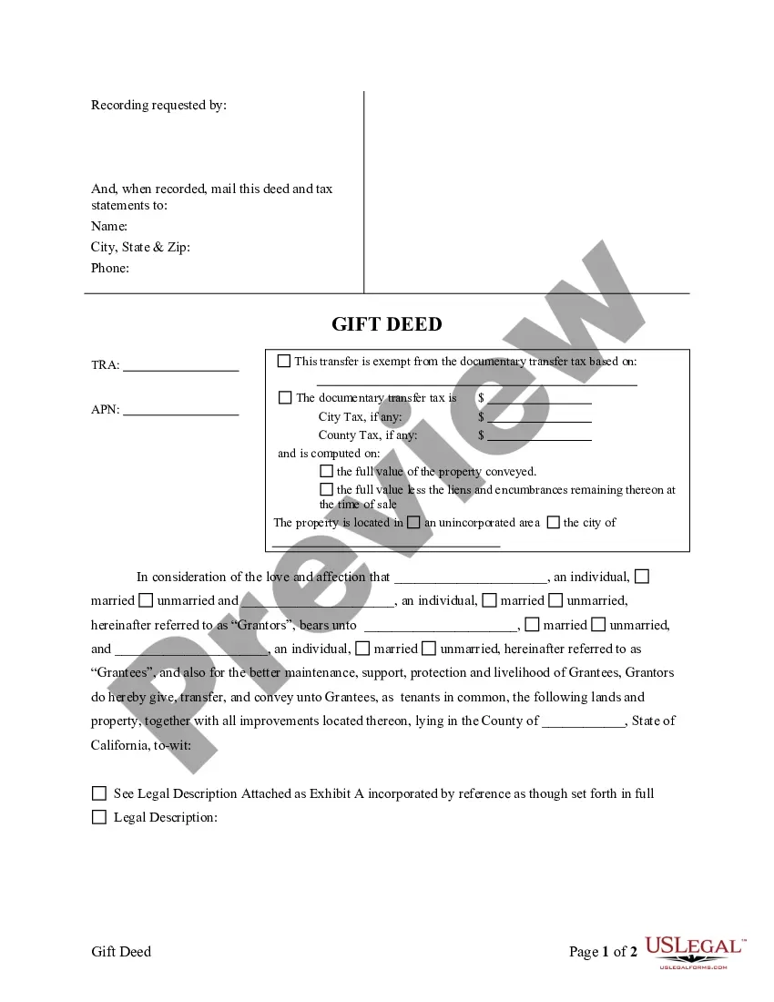Los Angeles California Gift Deed From Two Individual Grantors To Two Individual Grantees US Legal Forms