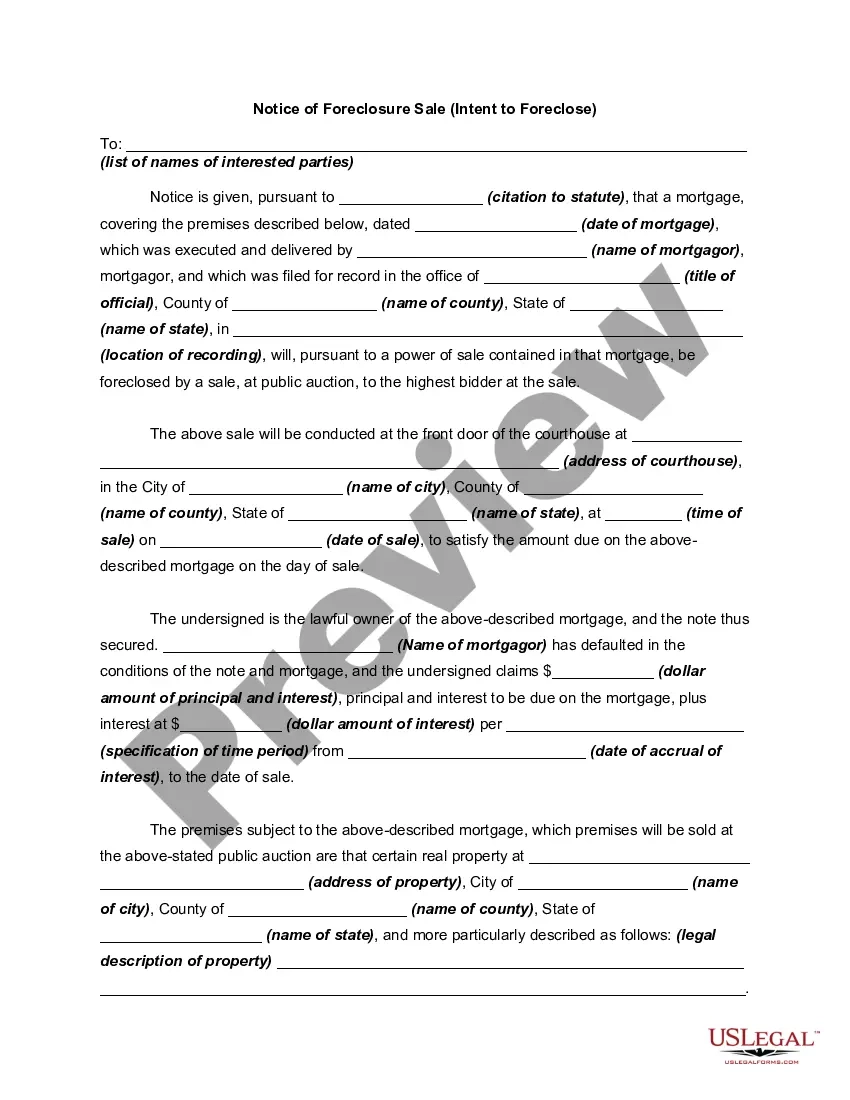Louisiana Notice Of Foreclosure Sale Intent To Foreclose US 