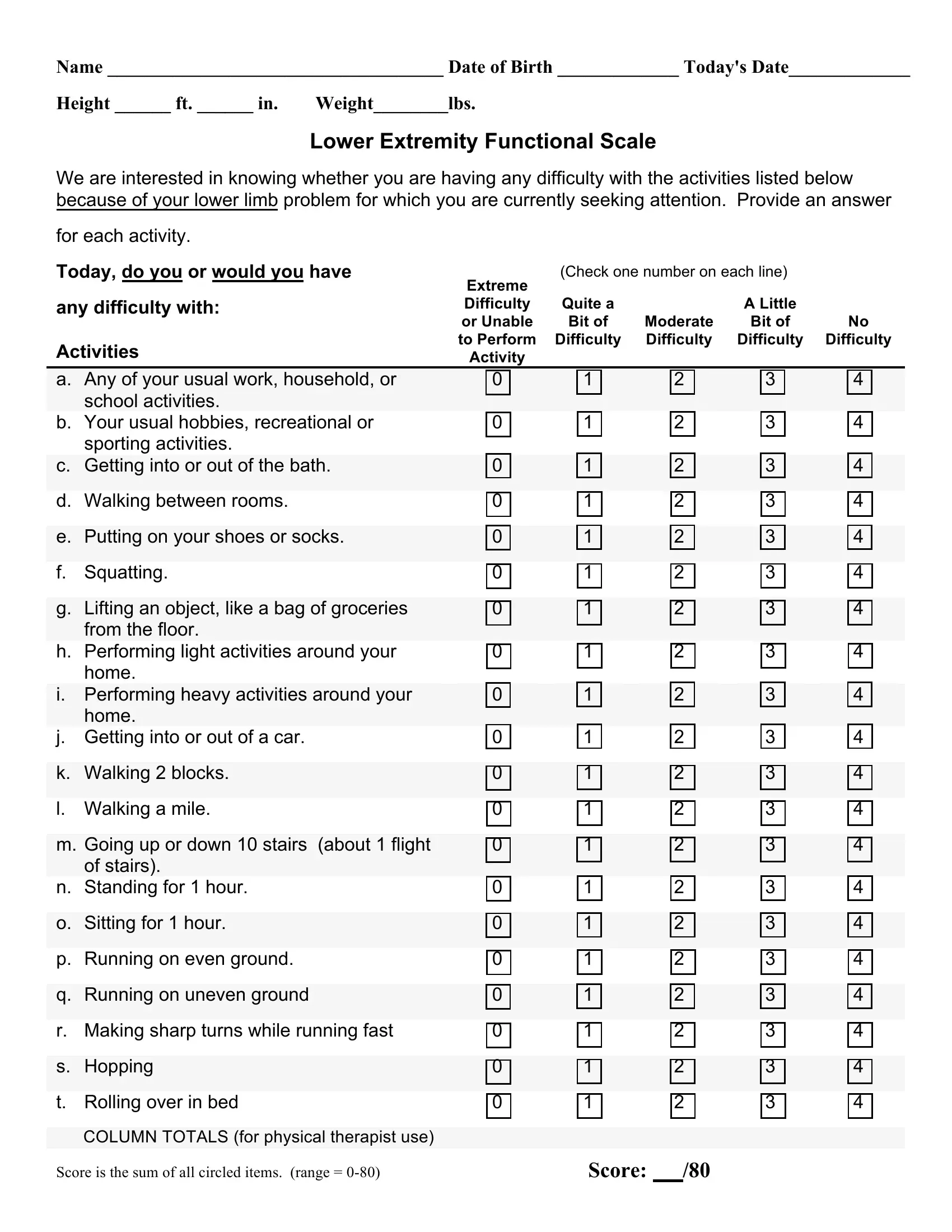 Lower Extremity Functional Scale PDF Form FormsPal