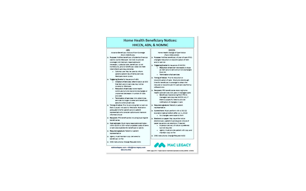 MAC Legacy Home Health Beneficiary Notices HHCCN ABN NOMNC Cheat Sheet