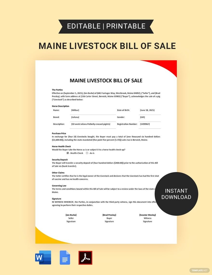 Maryland Livestock Bill Of Sale Template In PDF Word Google Docs Download Template
