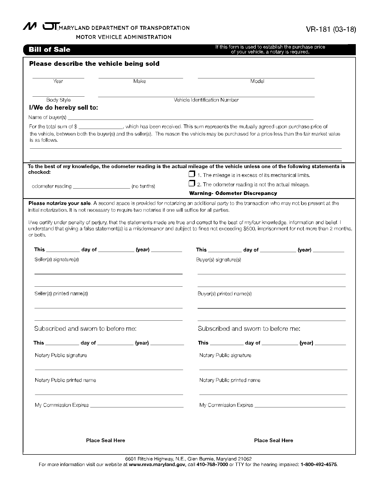 Maryland Vehicle Bill Of Sale Template 100 Free CocoSign