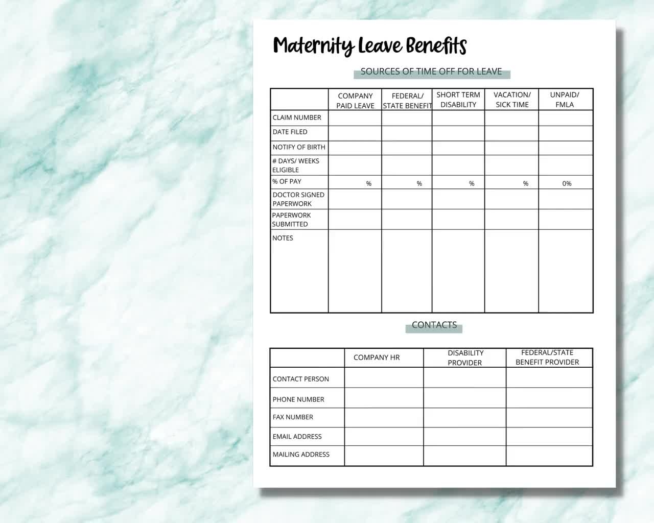 Maternity Leave Benefits Tracker Printable Fillable Work Family Leave Digital Download Maternity Leave From Work Planner Etsy