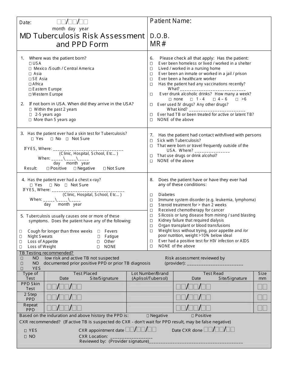 Md Tuberculosis Risk Assessment And Ppd Form Fill Out Sign Online And Download PDF Templateroller