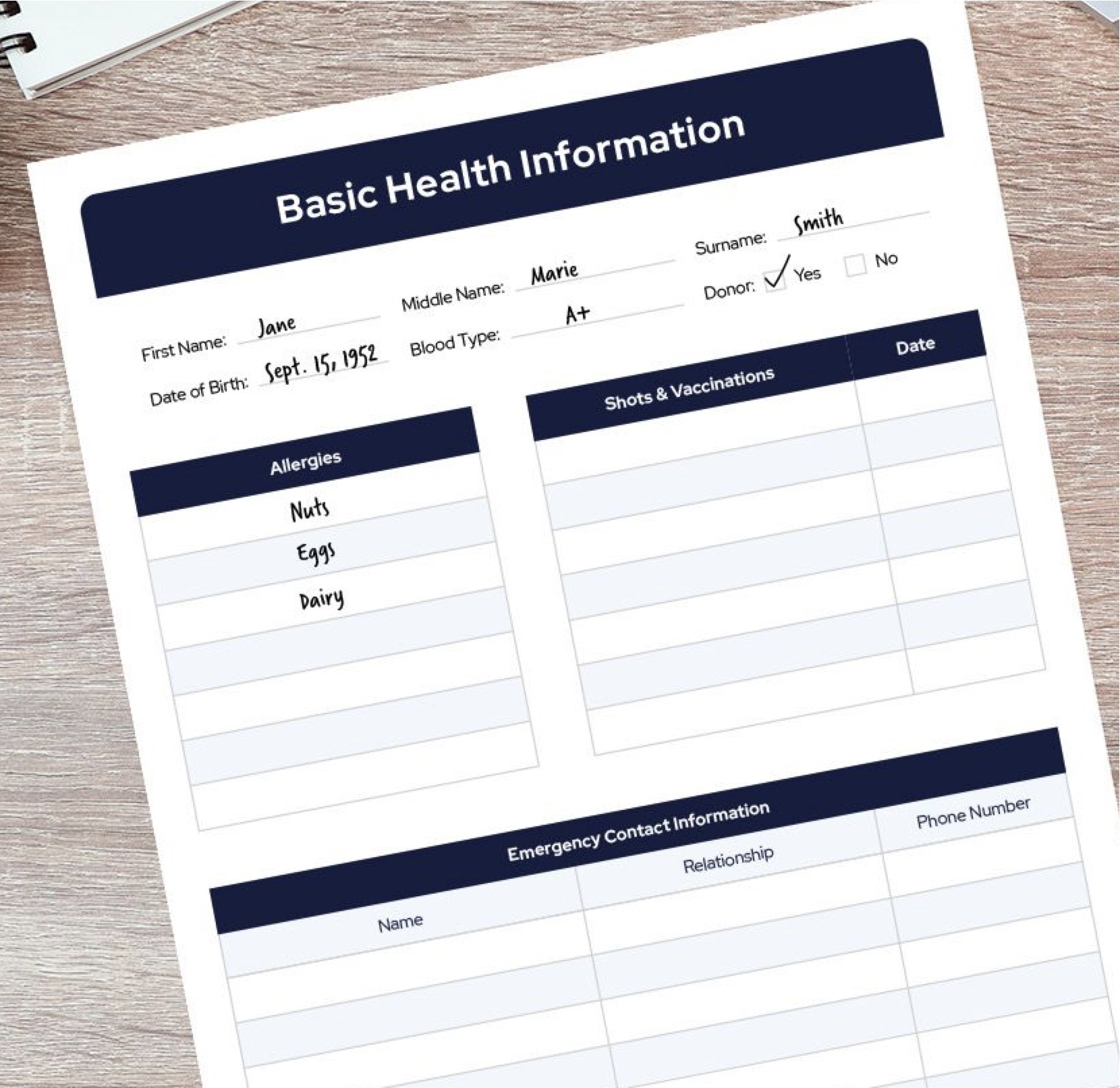 Printable Personal Medical Form