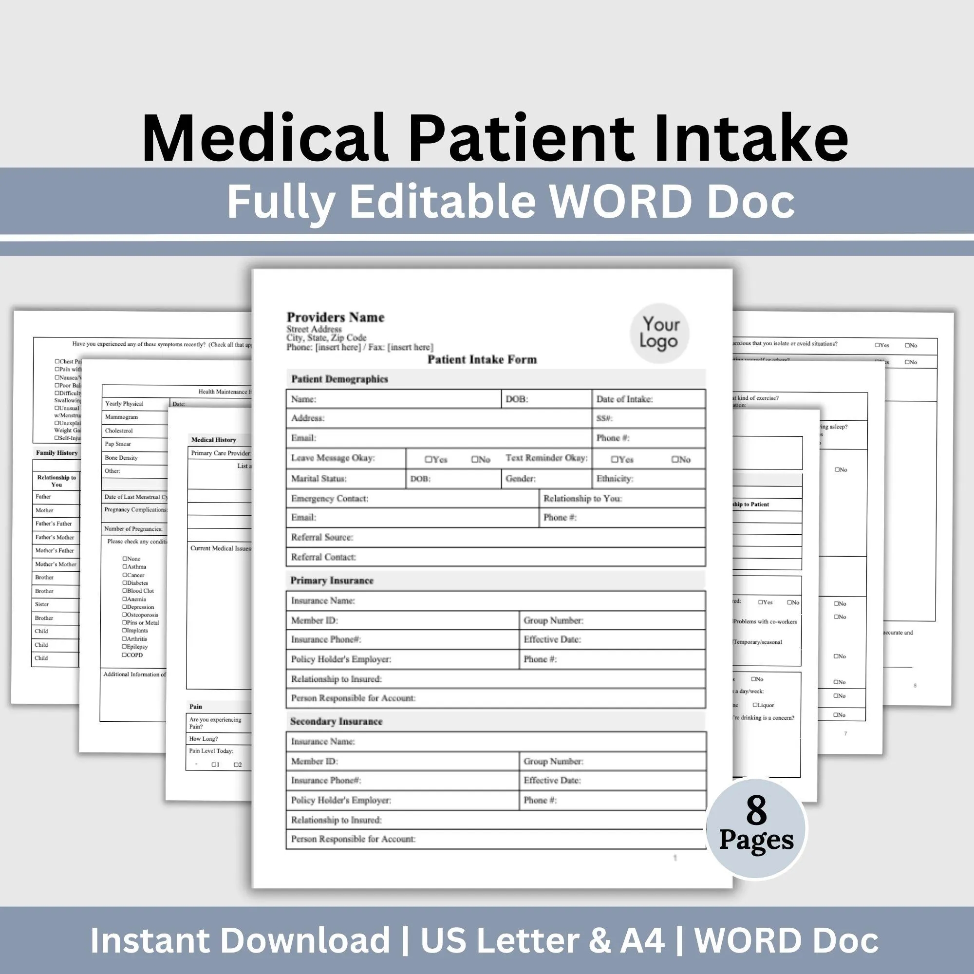 Medical Intake Form Patient Intake Form Medical Forms Medical History New Patient Intake Health History Form WORD Doc Patient Form Etsy