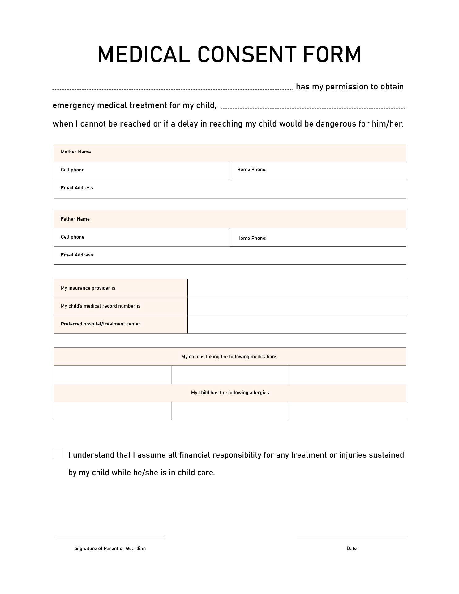 Printable Medical Consent Form For Minor