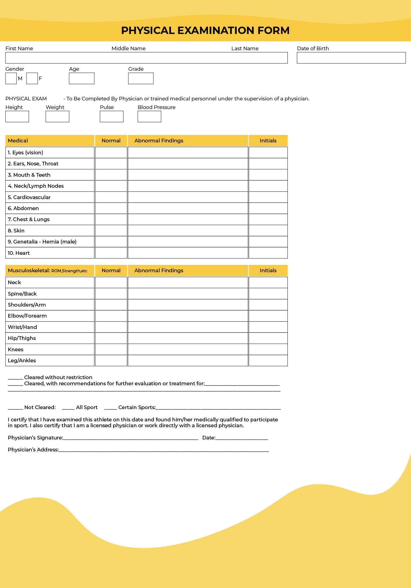 Printable Physical Exam Form