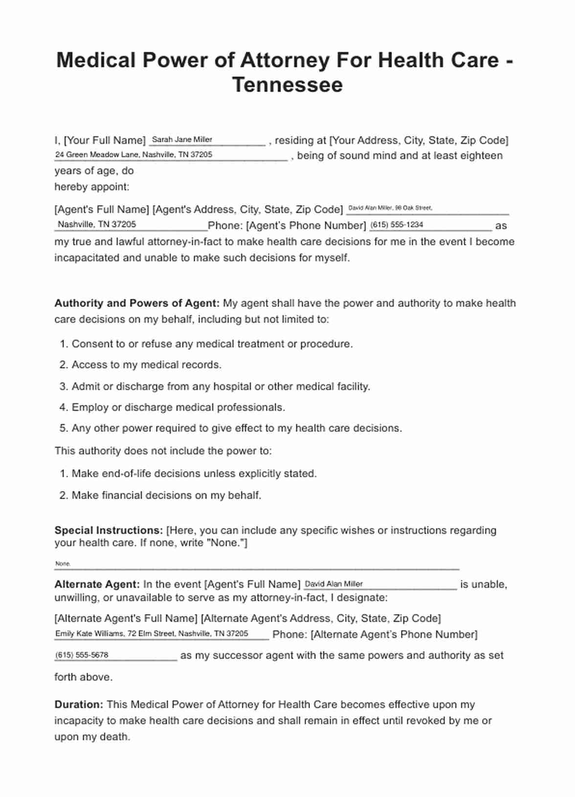 Medical Power Of Attorney Tennessee Form Example Free PDF Download