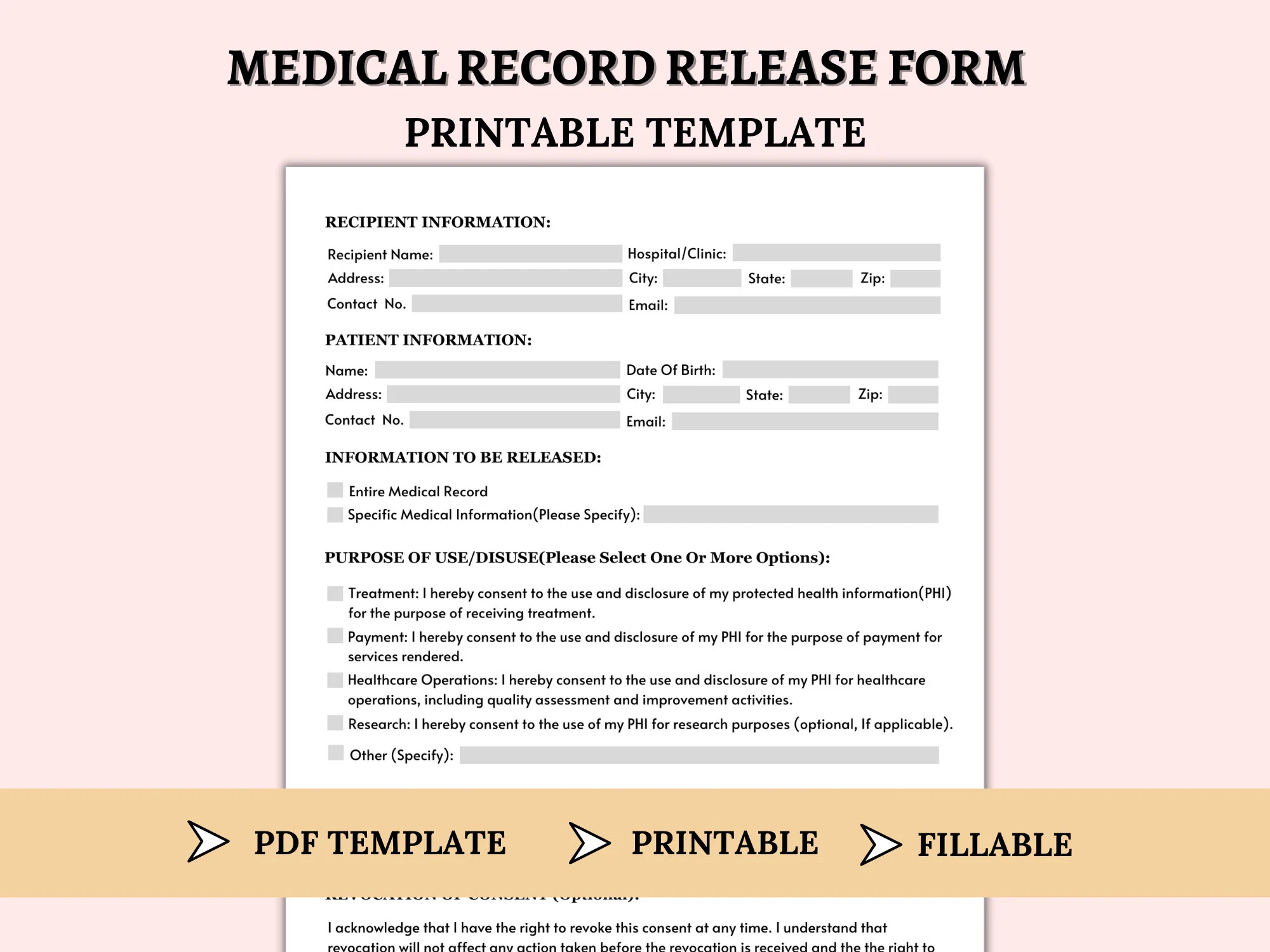 Medical Record Release Form Template Printable Medical Release Form Medical Information Consent Form Treatment Consent New Patient Form Etsy