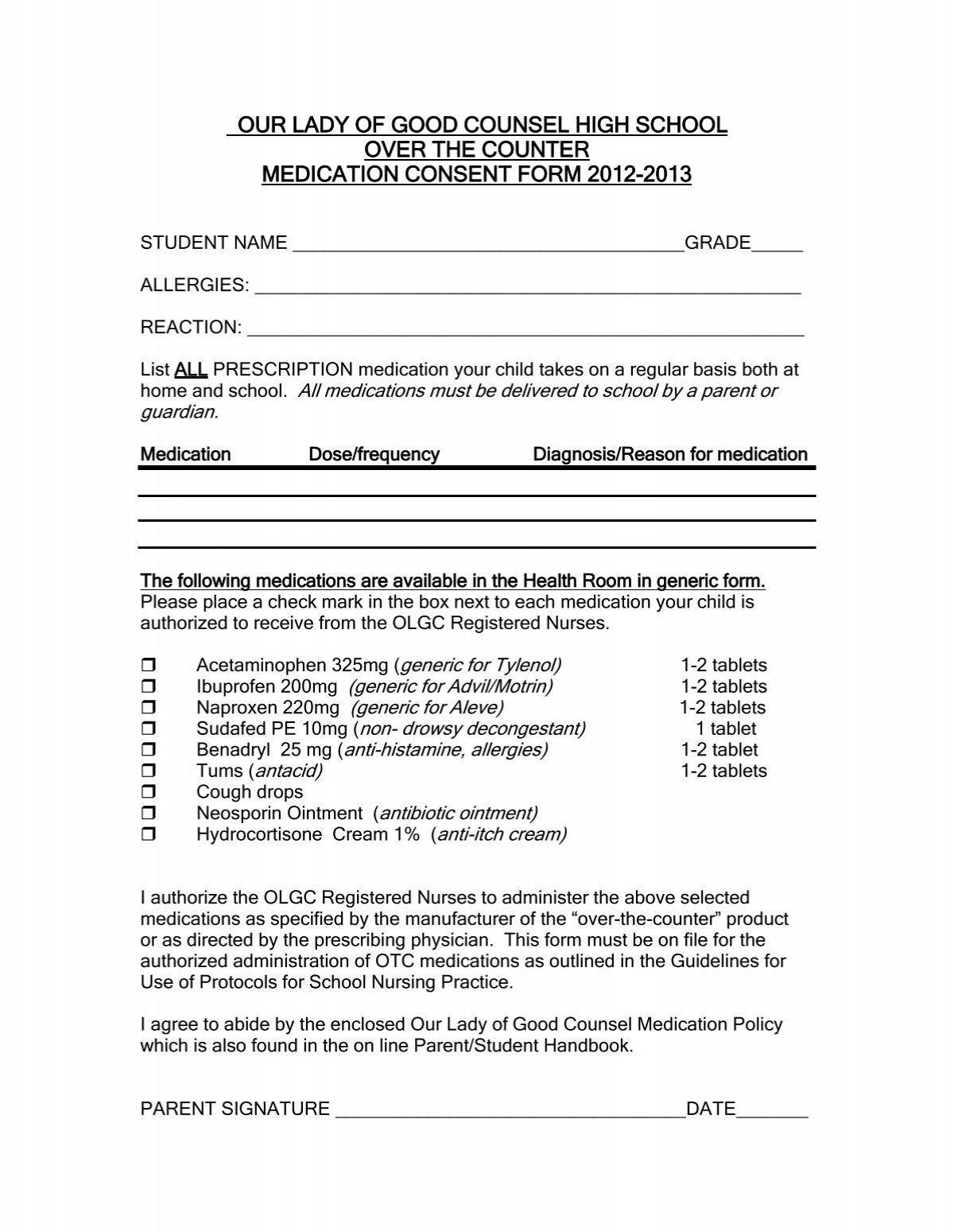 Medication Consent Form 03 04 Our Lady Of Good Counsel High 