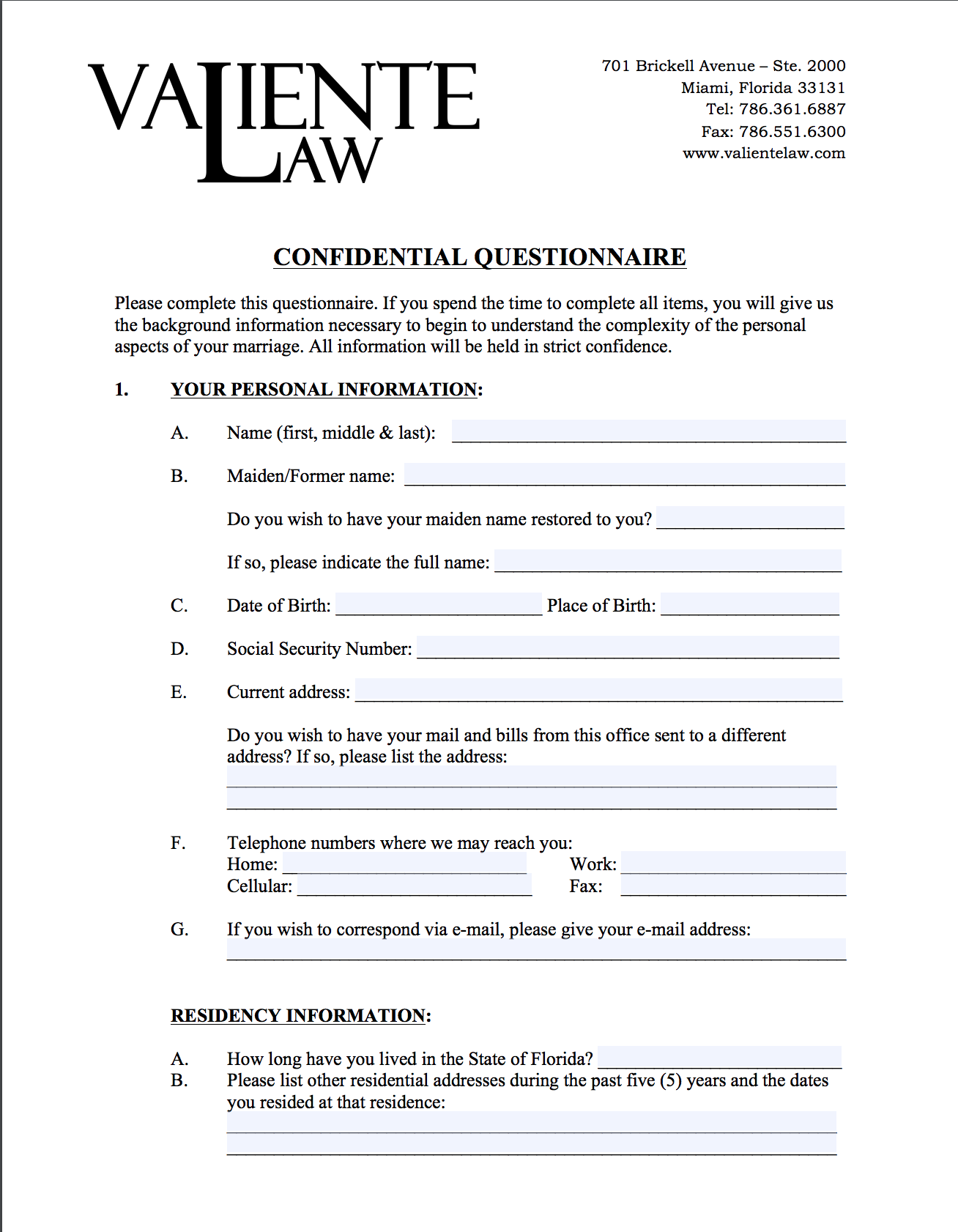 Miami Florida Forms Law Firm Valiente Carollo And McElligott PLLC