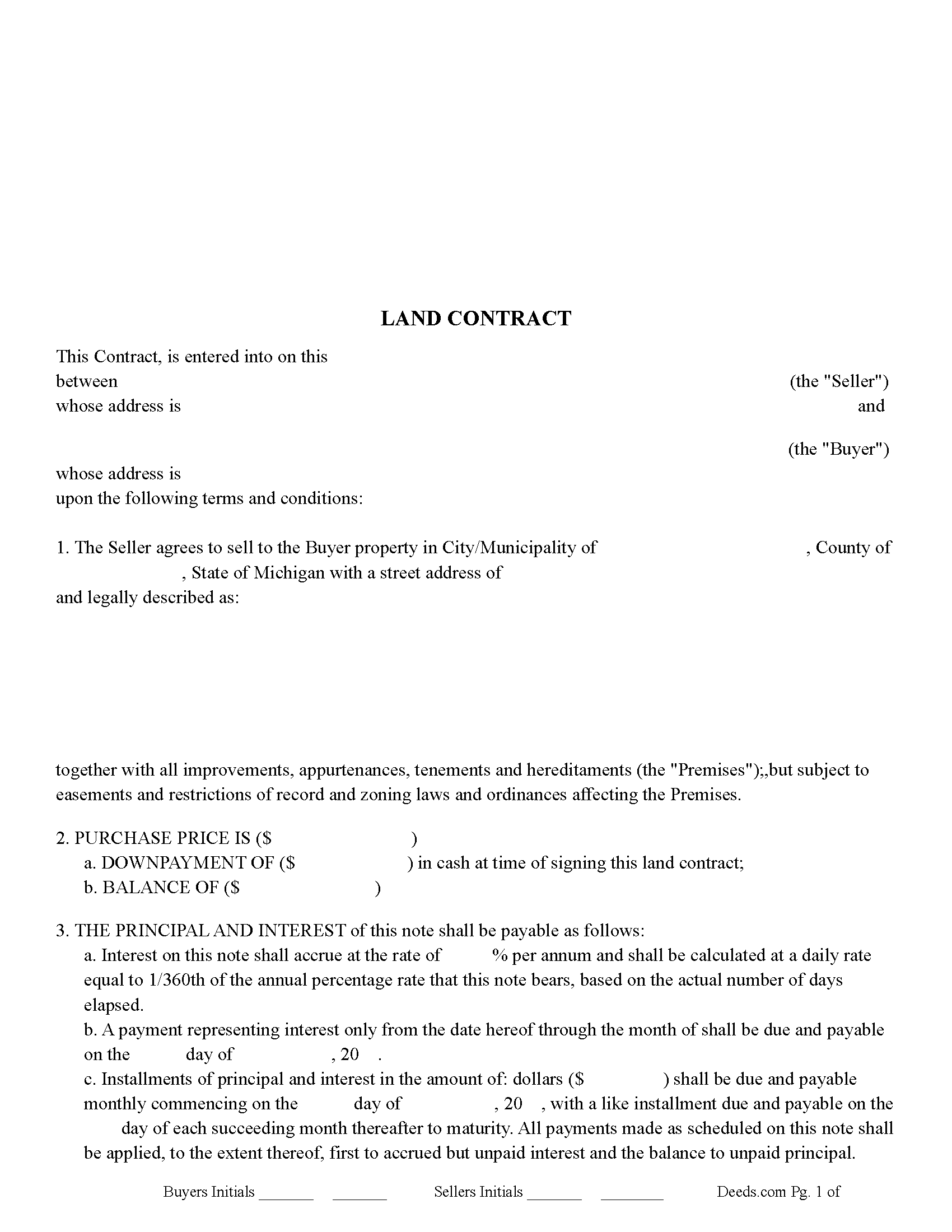 Free Printable Land Contract Forms Michigan
