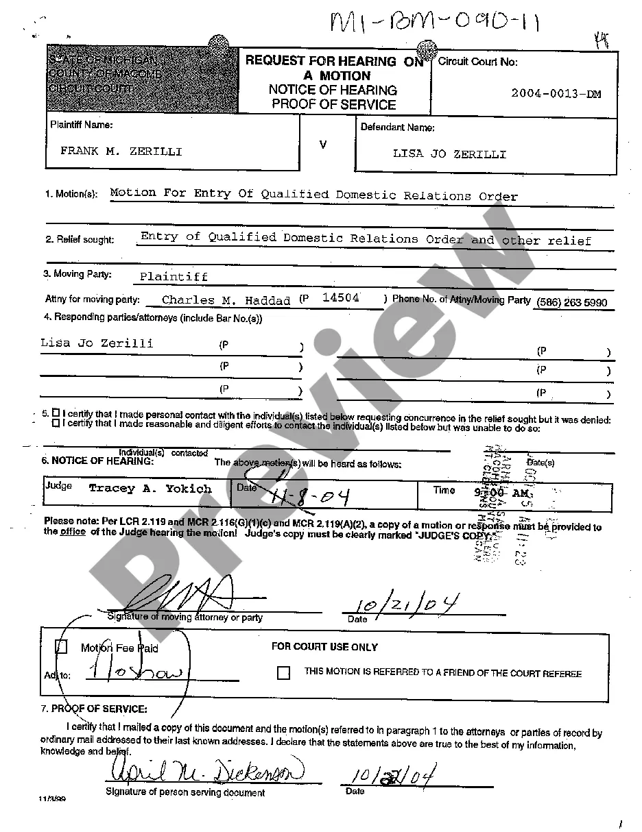 Michigan Request For Hearing On Motion For QDRO US Legal Forms
