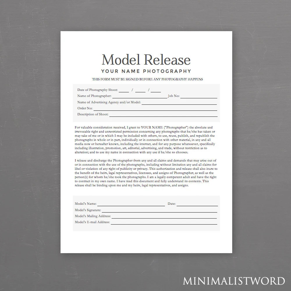 Model Release Form Photography Template For Photographers MS Word instant Download Etsy