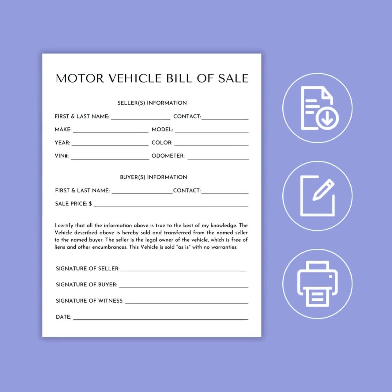 Motor Vehicle Bill Of Sale Blank Auto Bill Of Sale Motor Vehicle Bill Of Sale Template Motor Vehicle Bill Of Sale Printable Form Etsy
