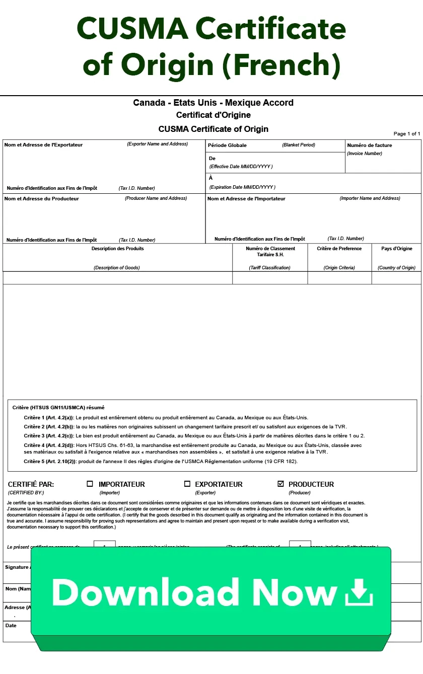 NAFTA Certificate Of Origin English 