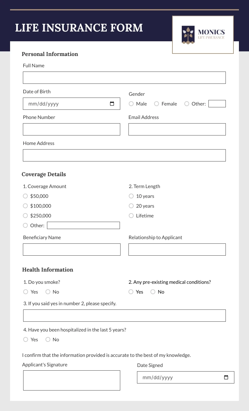 Navy Minimalist Life Insurance Forms Venngage