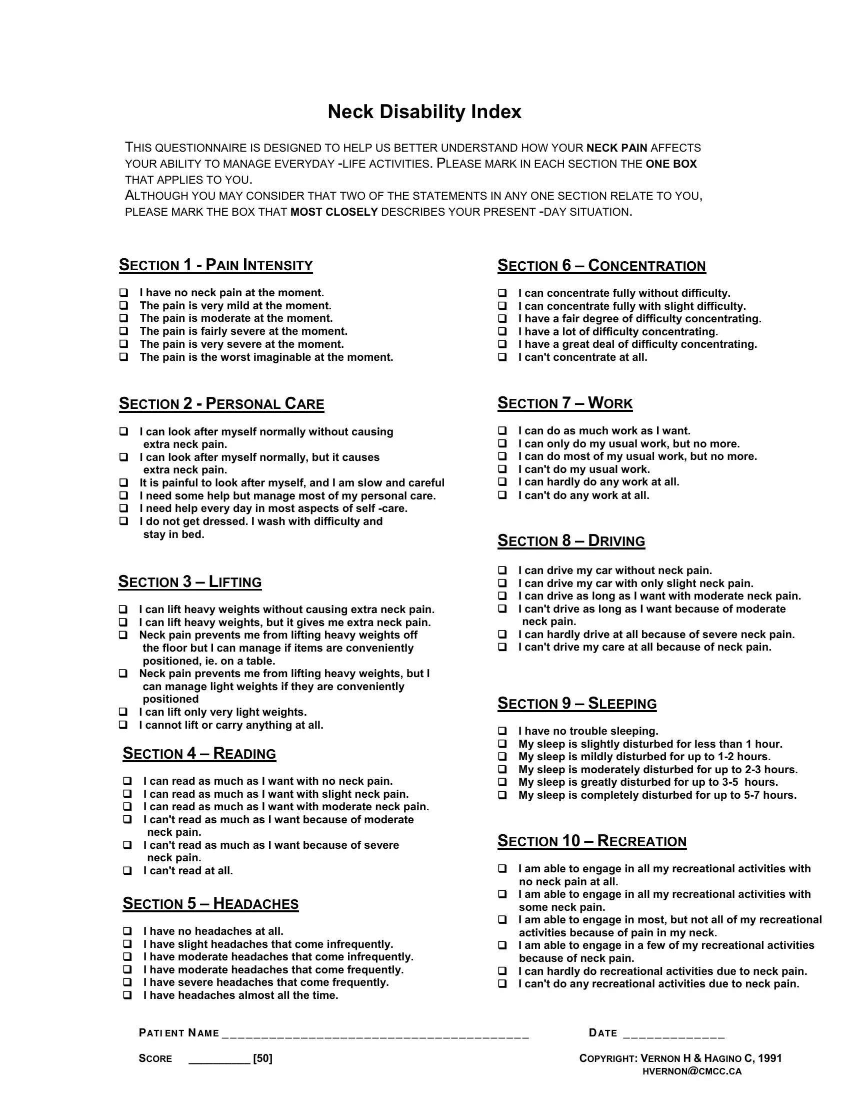 Neck Disability Index Form Fill Out Printable PDF Forms Online