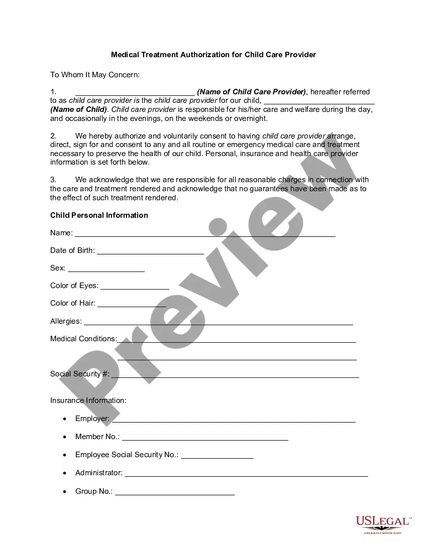 New Jersey Medical Treatment Authorization For Day Care Or Child Care Provider To Whom It May Concern Child Care Letter US Legal Forms