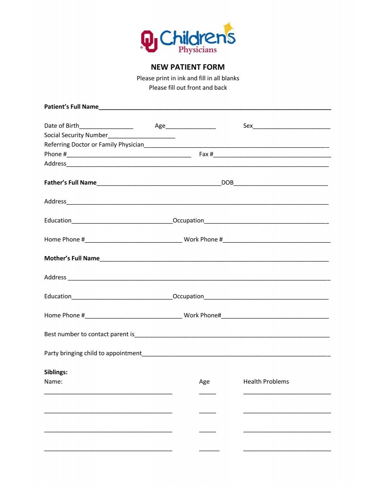 NEW PATIENT FORM OU Medicine