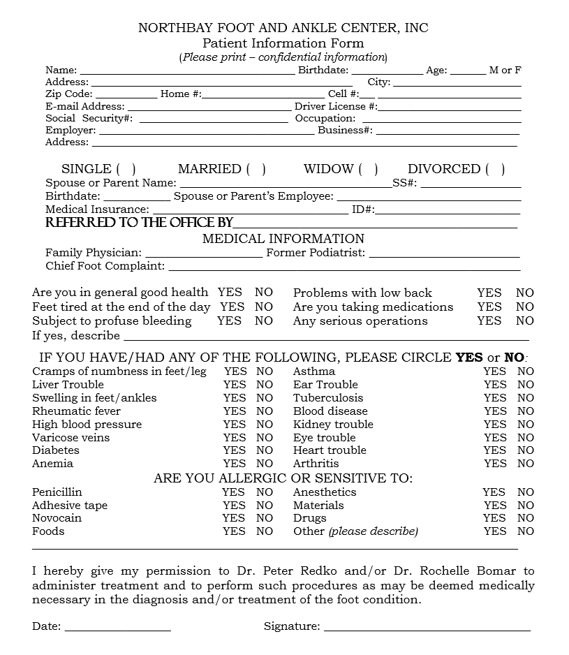 New Patient Forms Foot Doctor Petaluma CA 94954 And Sonoma CA 95476
