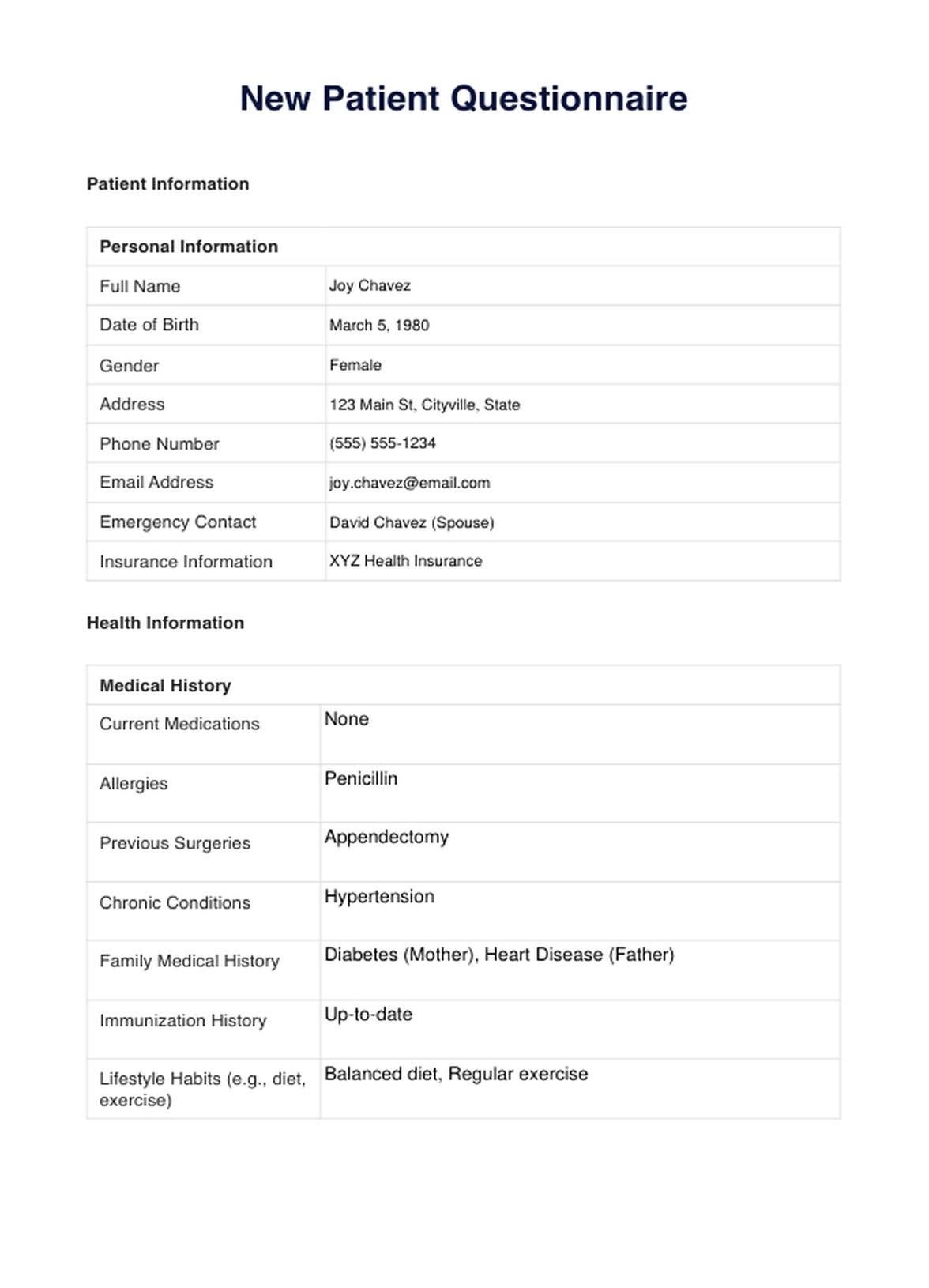 New Patient Questionnaire Example Free PDF Download