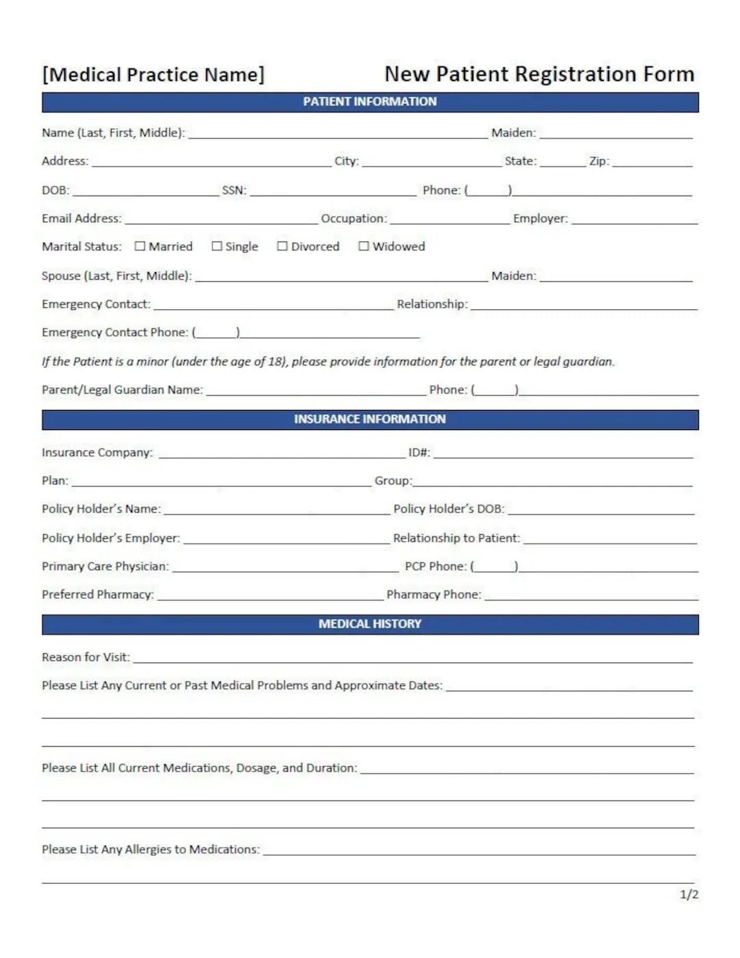 New Patient Registration Form Template word Editable Printable Etsy
