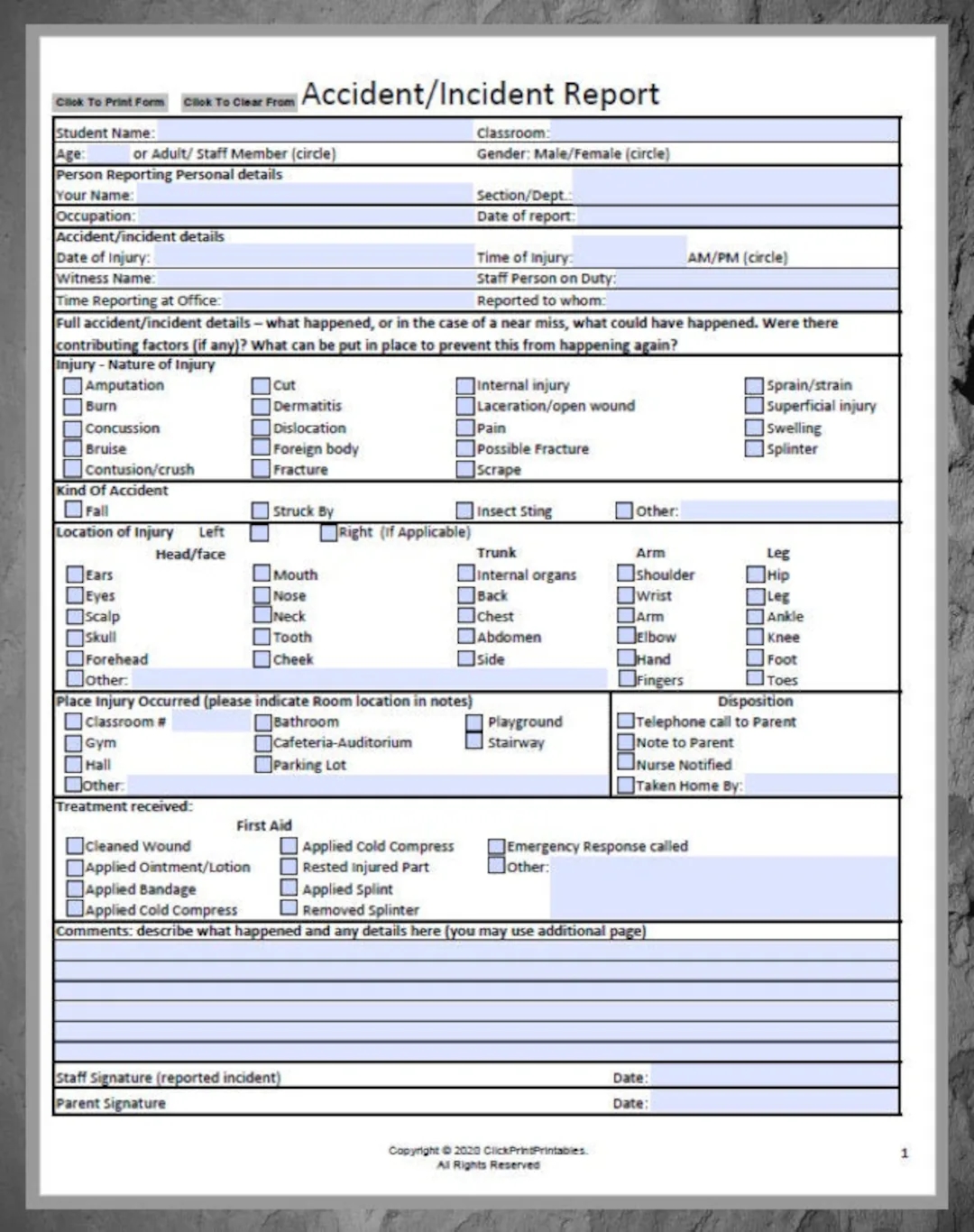 NEW School Accident Incident Report Form Template Editable Downloadable Printable Small Business Fill In PDF black And White Etsy