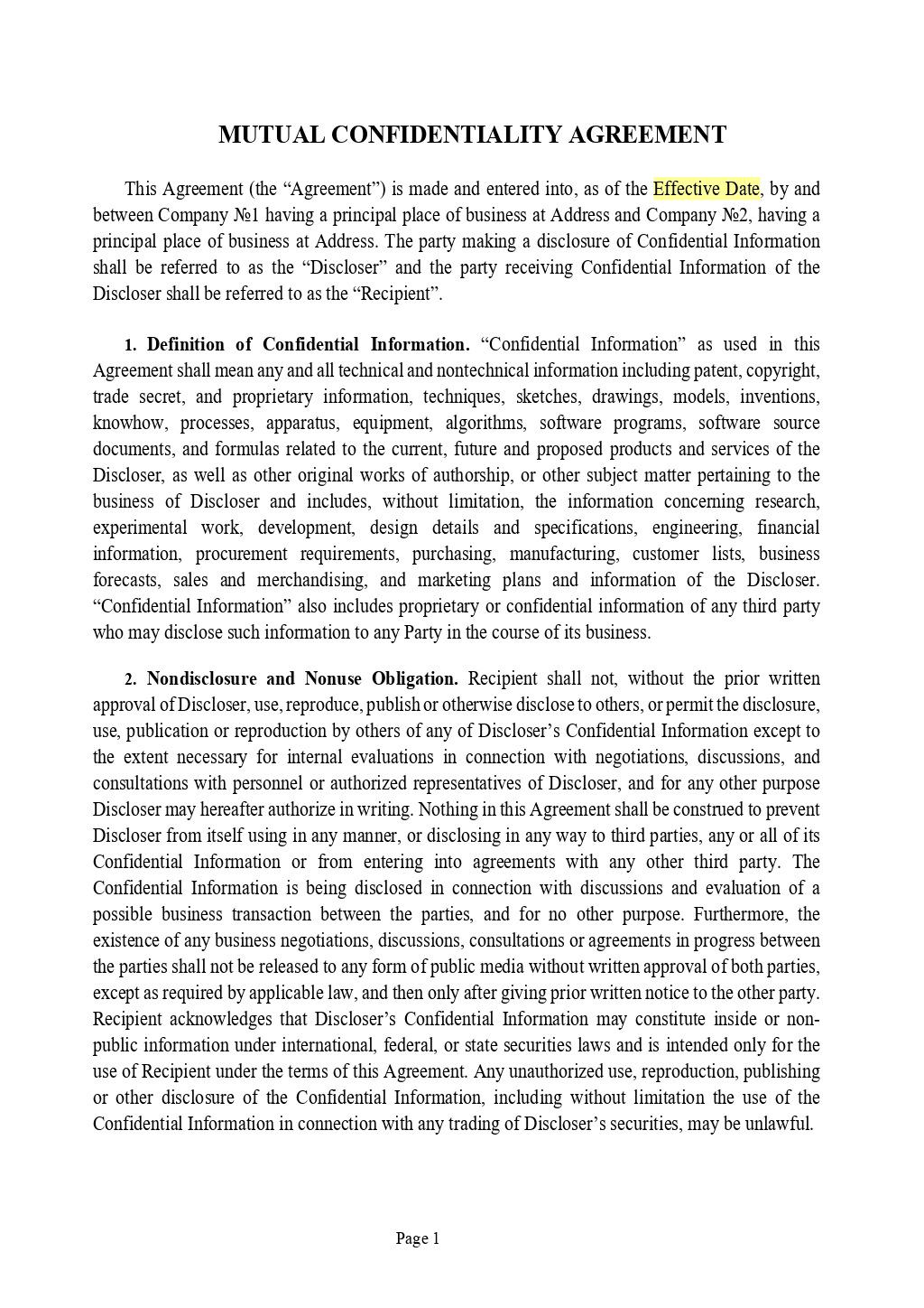 Non disclosure Mutual Confidentiality Agreement Template ONLYOFFICE