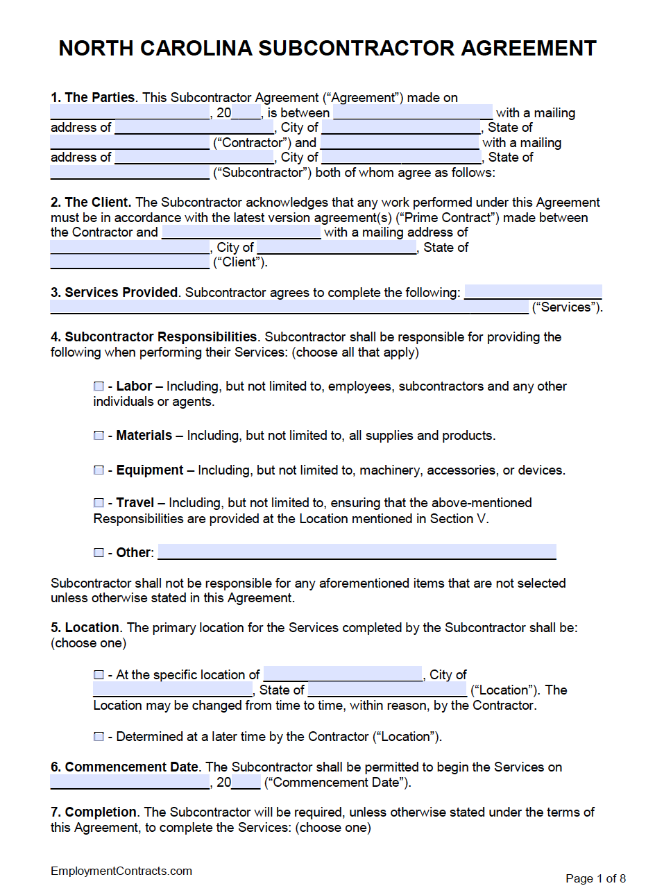 Basic Subcontract Form Printable Basic Subcontract Form Printable