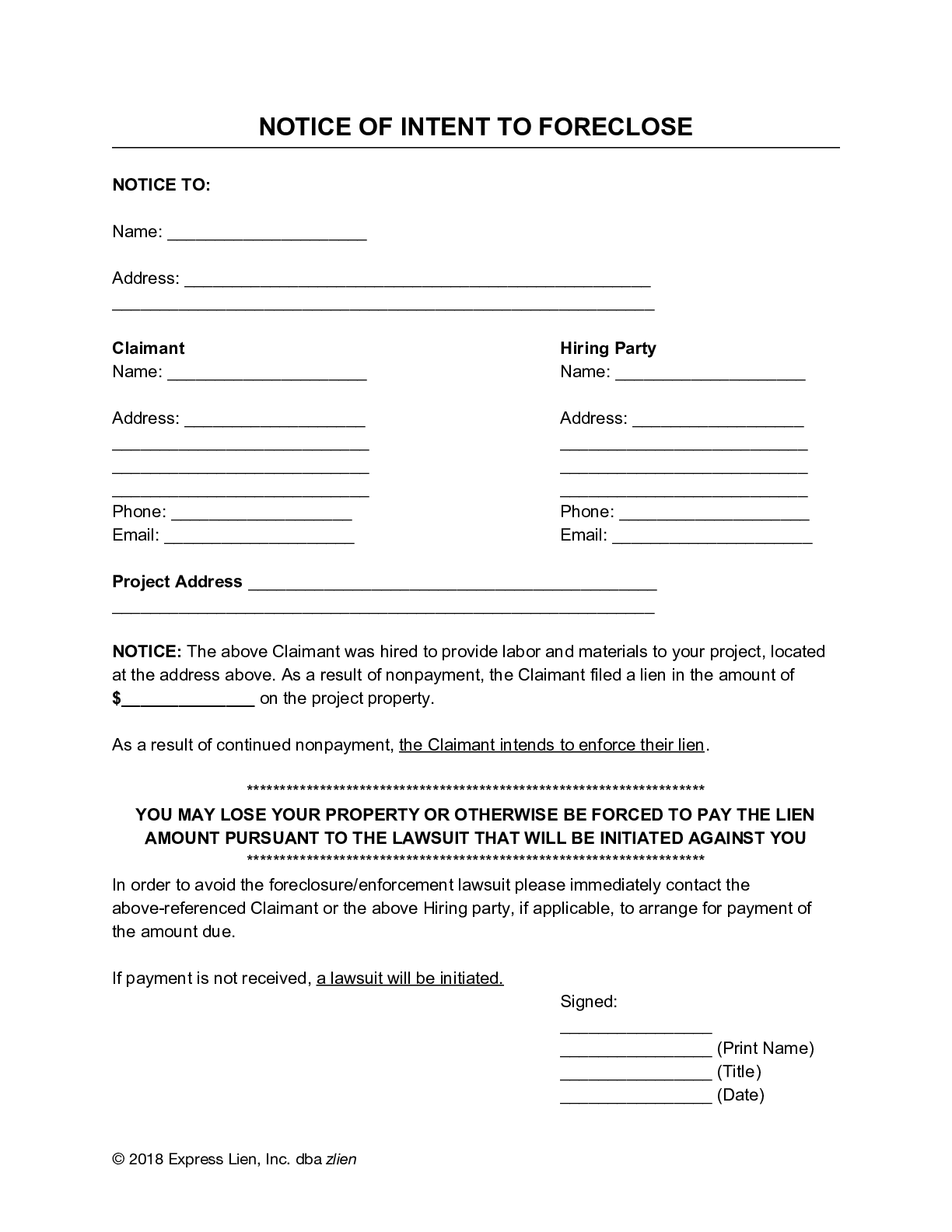 Notice Of Intent To Foreclose Form Free Template