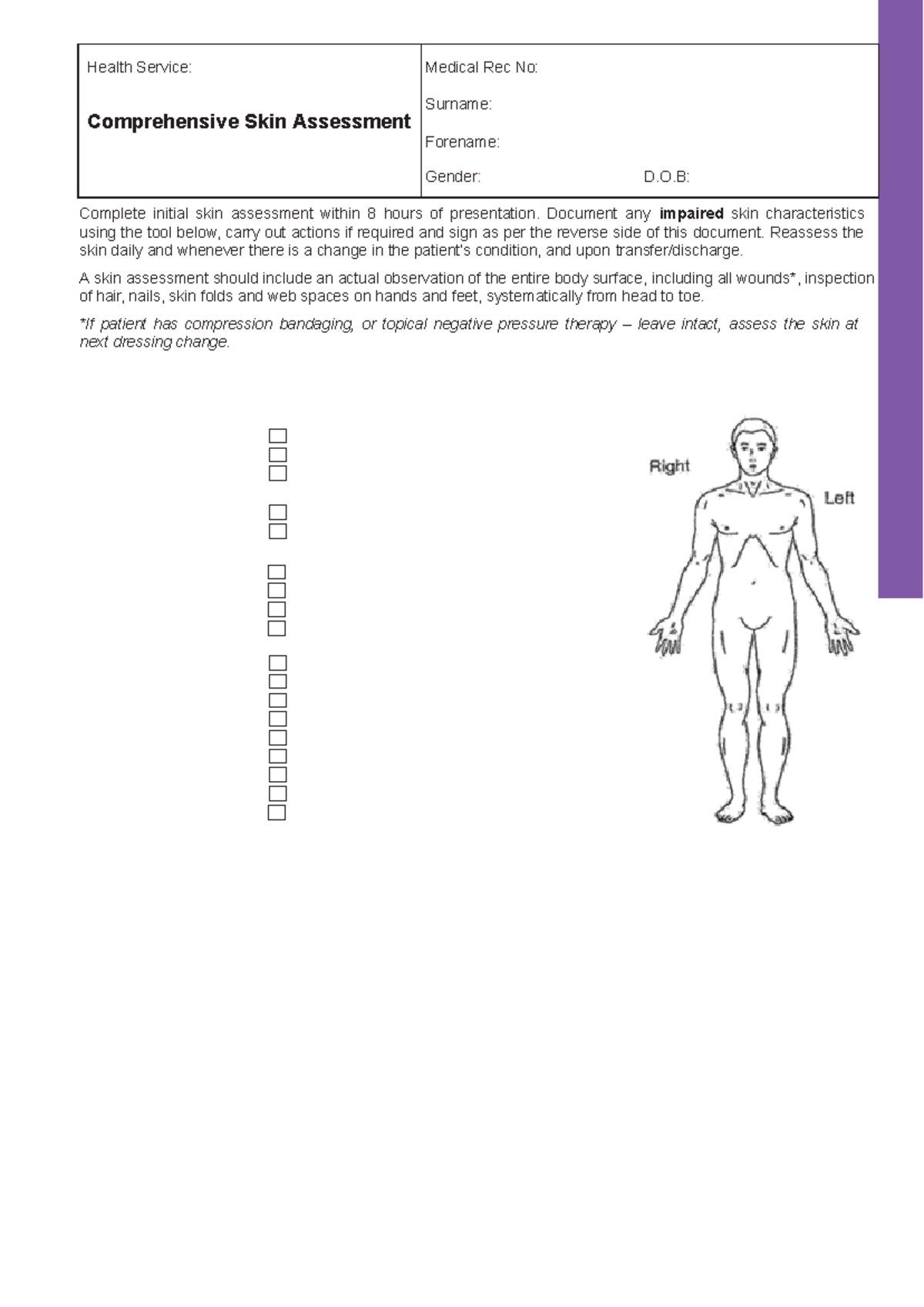 Nursing Assessment Template 31 Health Service Medical Rec No Comprehensive Skin Assessment Studocu
