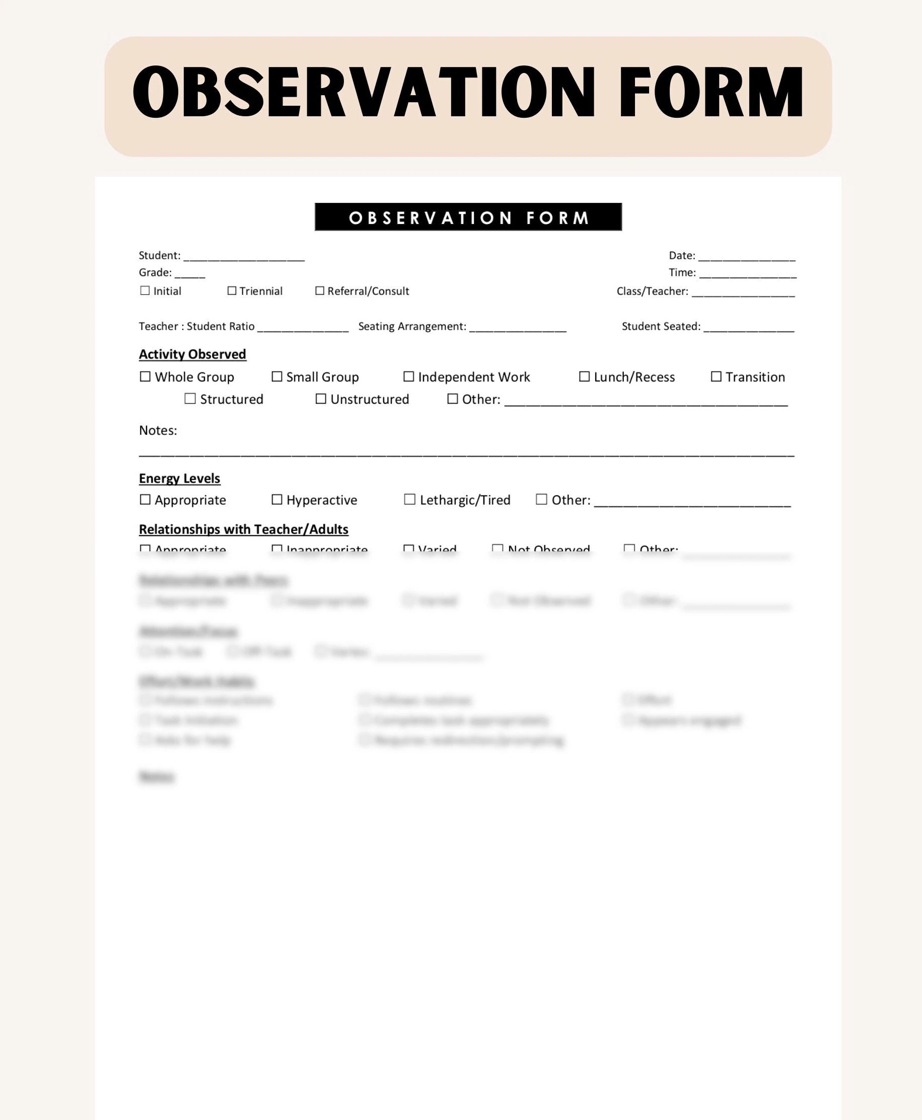 Observation Form School Psychologist Forms Etsy