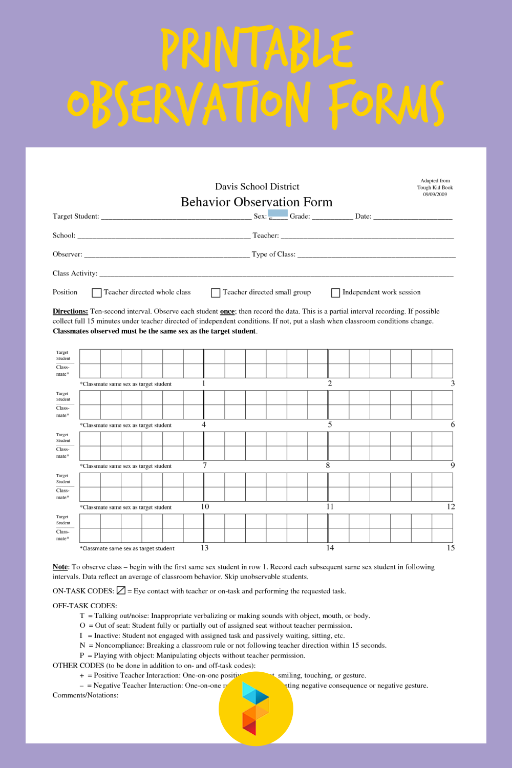 Printable School Counselor Student Observation Form