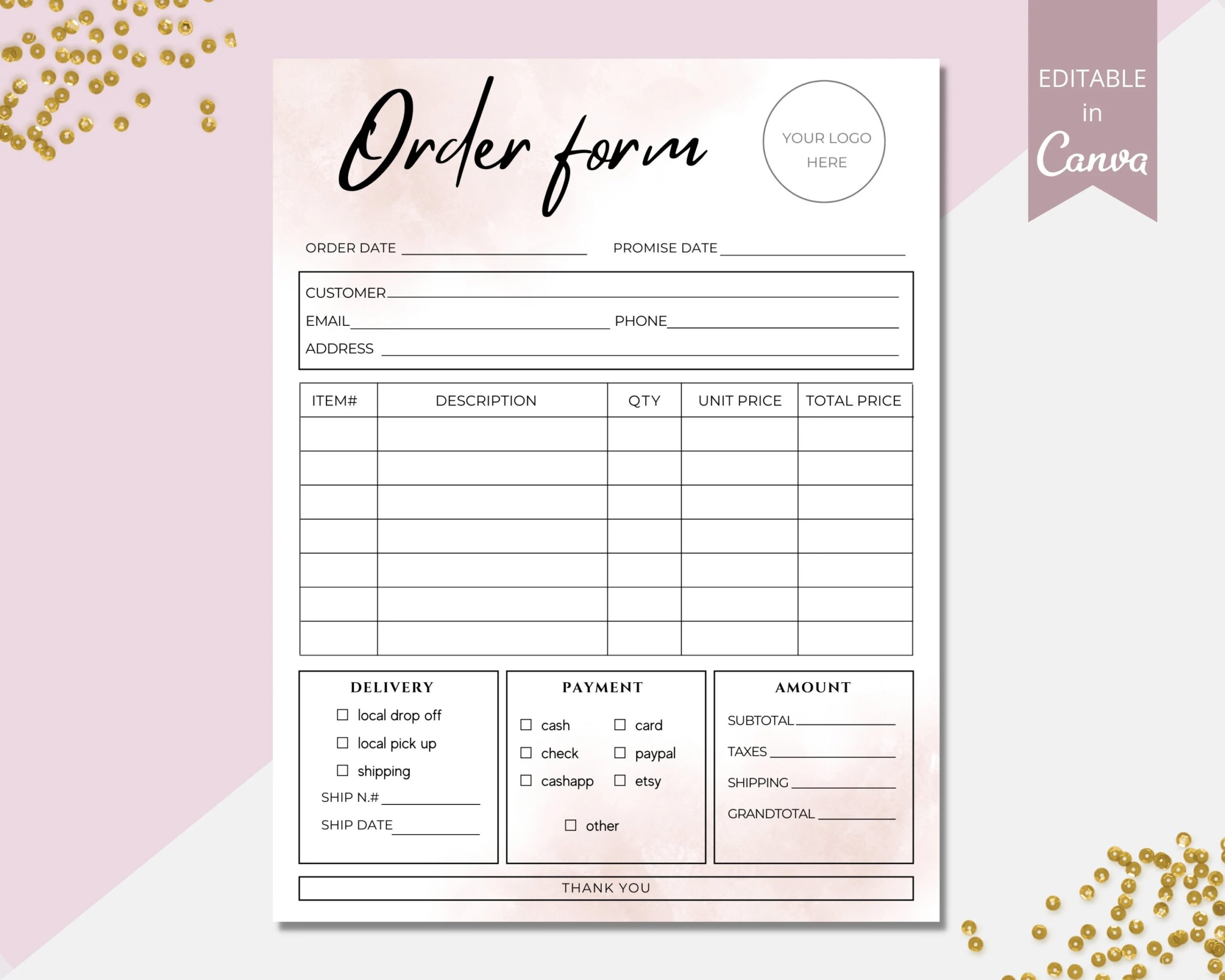 Order Form Template Editable Small Business Order Forms Customer Order Form Printable Purchase Order Form Canva Template DTP 004 Etsy