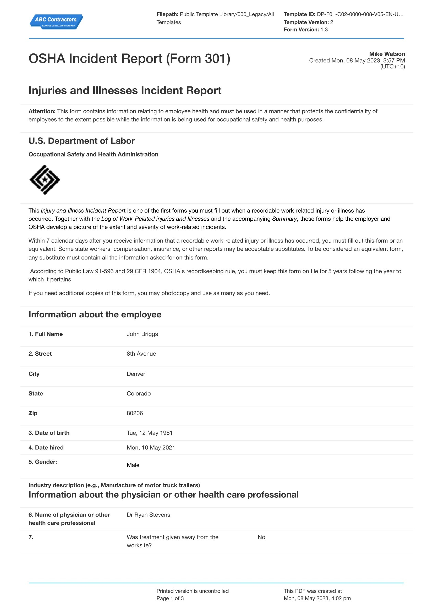 OSHA Incident Report Form 301 Template Use The Free Template