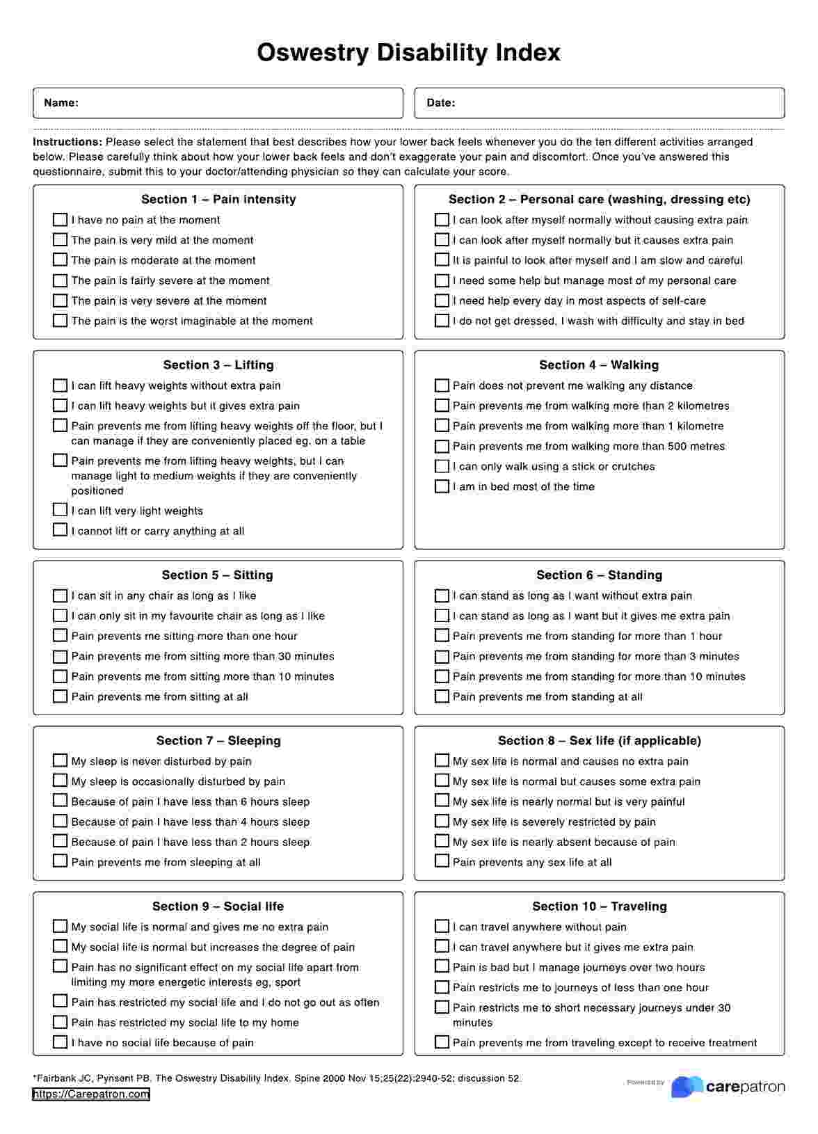 Oswestry Disability Index Example Free PDF Download