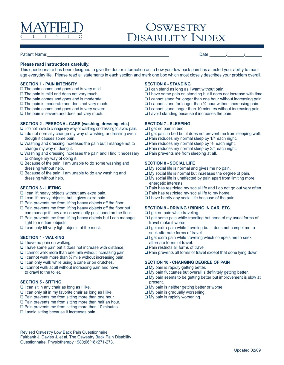 Oswestry Disability Index Questionnaire Template Mayfield Clinic Fill Out Sign Online And Download PDF Templateroller