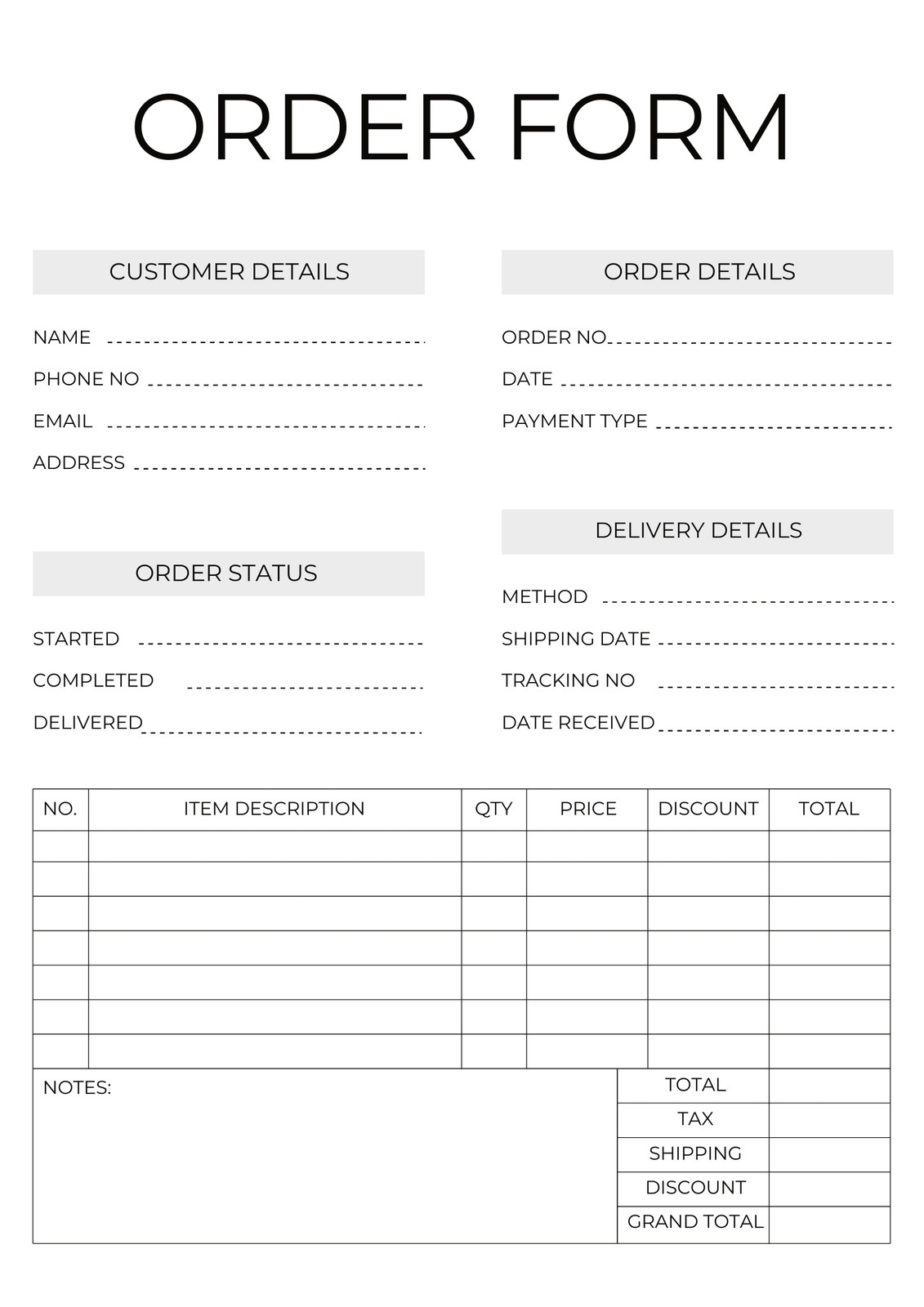 Free Printable Blank Order Forms