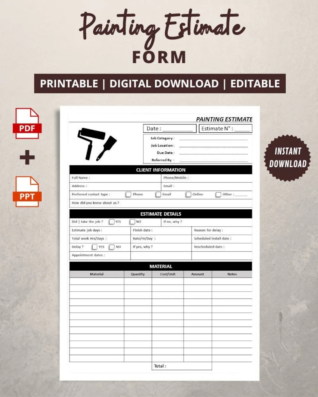 Painting Estimate Form Painter Estimating Sheets Printable Job Estimate Quote Template Personalized Painting Work Order Etsy