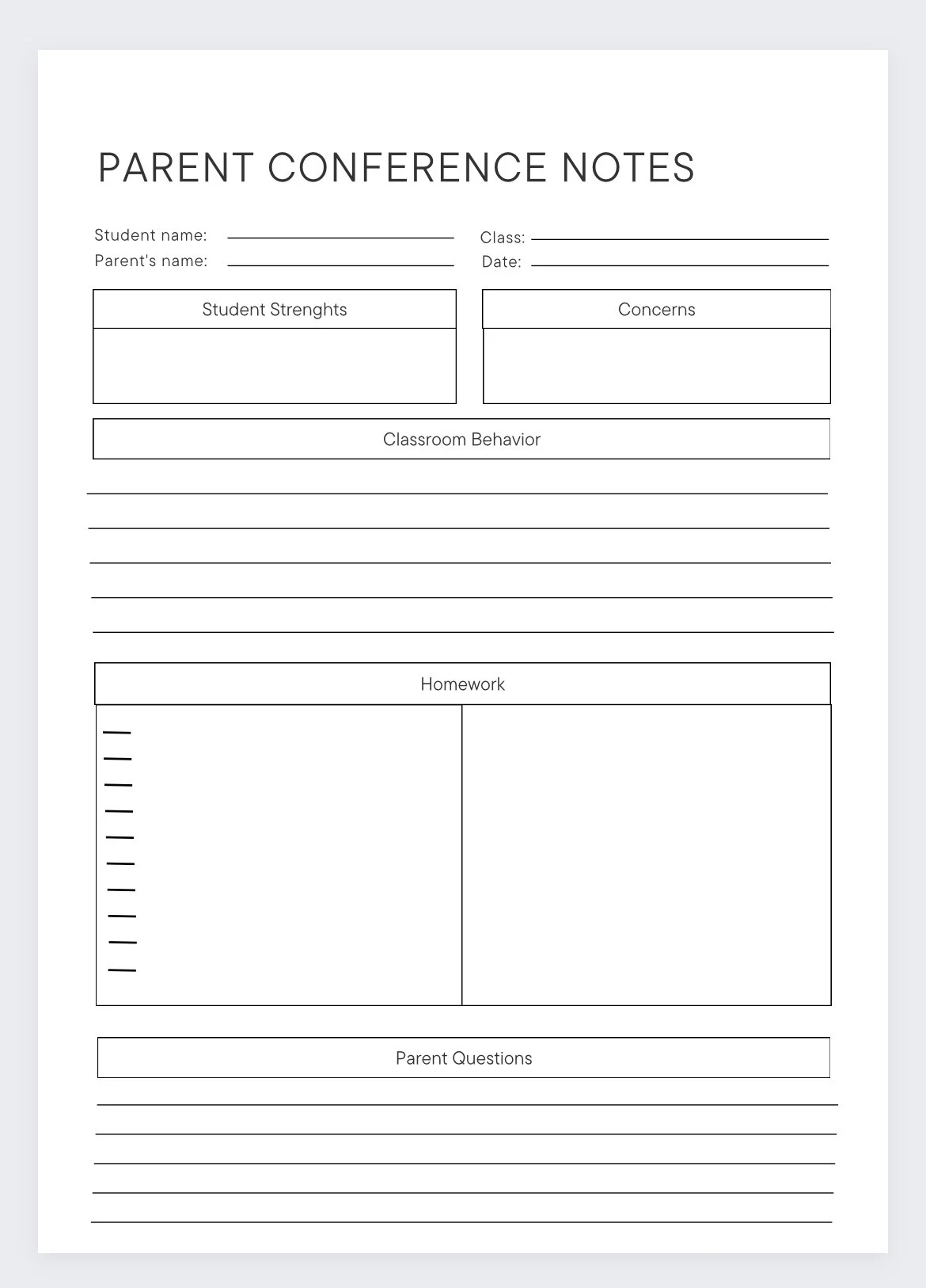 Parent Conference Notes parent teacher Conference Template teacher Meeting Agenda school Communication Planner parent Conference Form Etsy