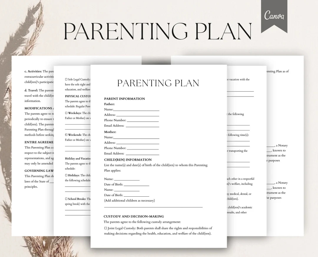 Parenting Plan Template Editable Parenting Plan Form Child Custody Form Custody Agreement Template Pdf canva Etsy