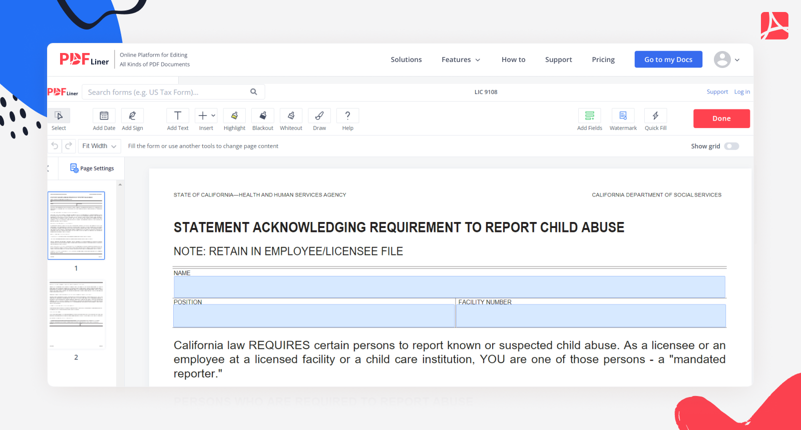 PDFLiner LIC 9108 Blank Form Online