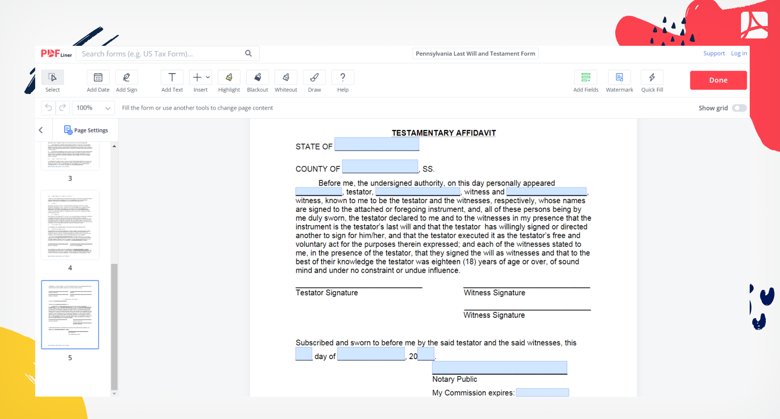 Pennsylvania Last Will And Testament Form Template Online PDFliner